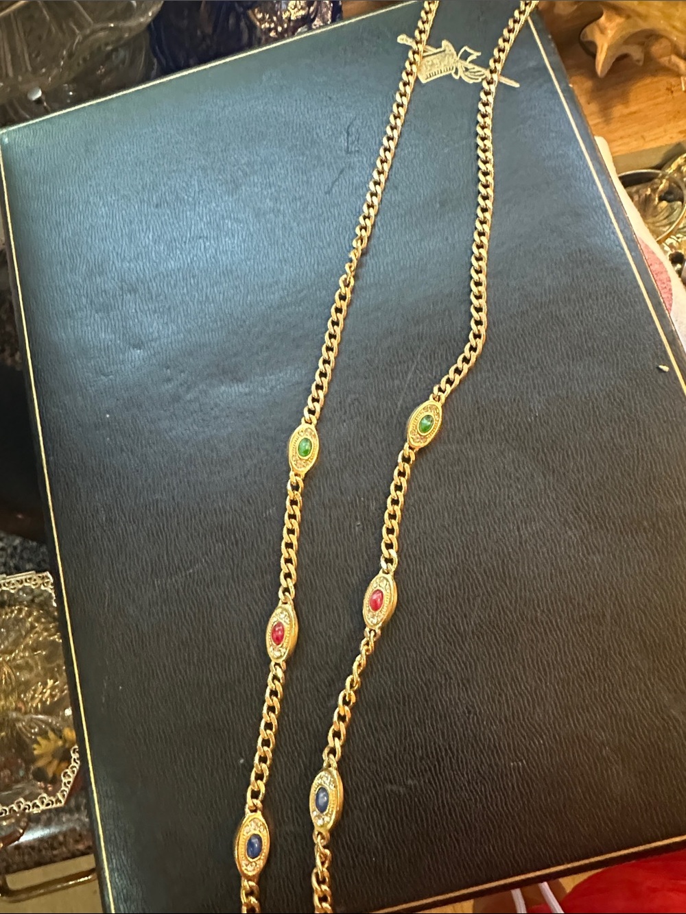 Dior Gold-Tone Chain Necklace with Green, Red and Blue Stones